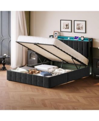 Full Bed Frame Lift-Up Storage LED Lights Upholstered Velvet Charging Headboard Metal Frame No Box Spring