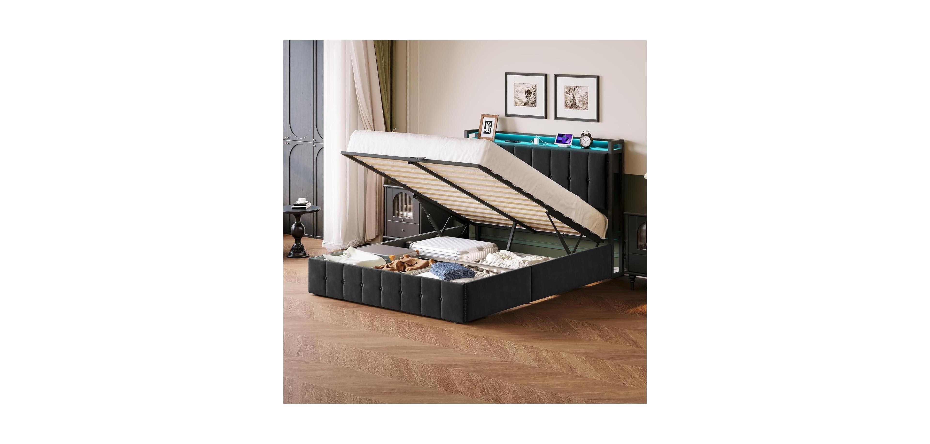 gaomon Full Bed Frame Lift-Up Storage Led Lights Upholstered Velvet Charging Headboard Metal Frame No Box Spring