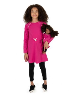 Girls Matching Girl & Doll Drawstring Cinch-Waist Long Sleeve Dress