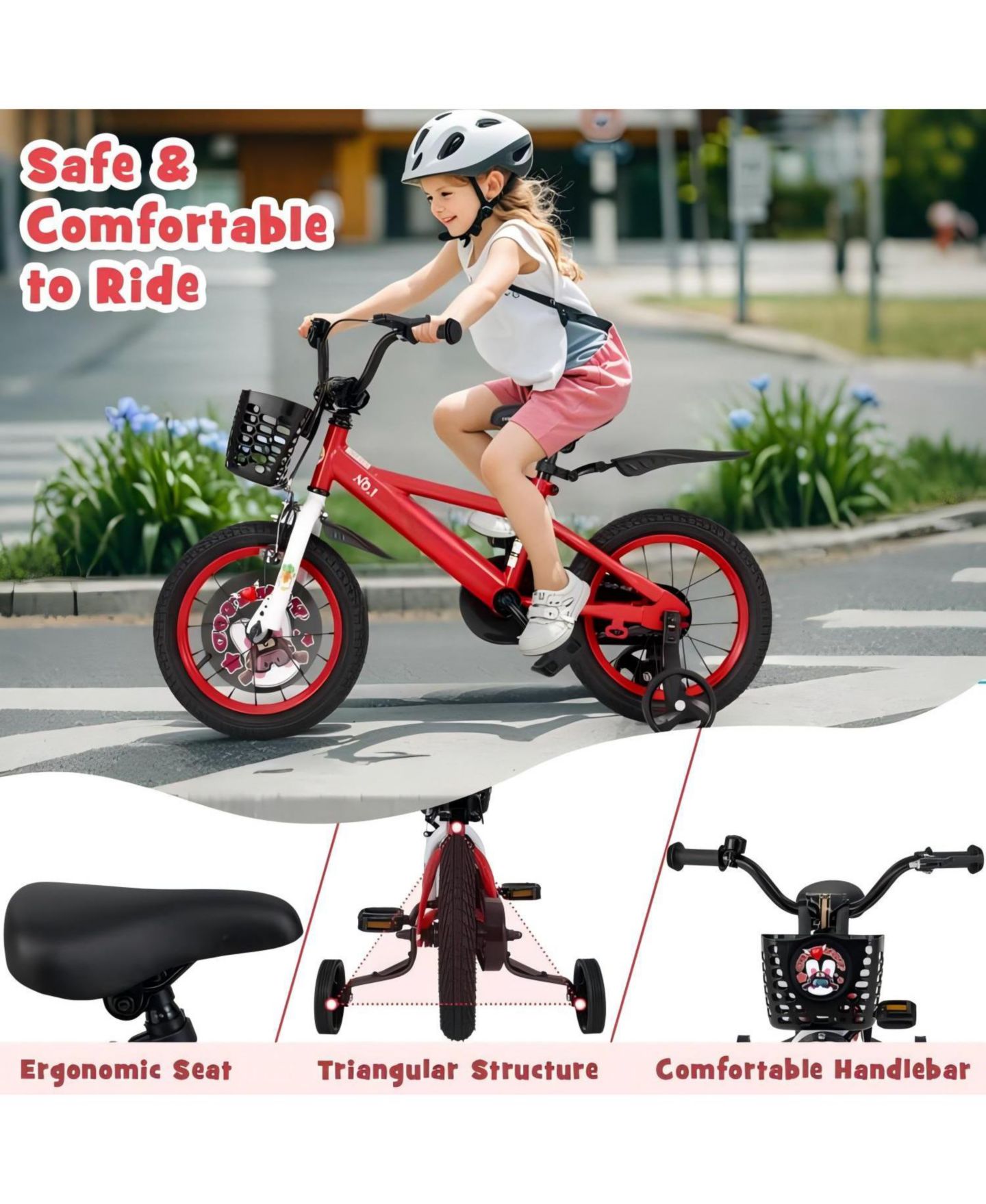Детская игрушка HONGGE 14 Inch Kids Bike with Adjustable Seat, Storage Basket and Dual Brakes, Ages 3-5, цвет: Красный — фото 8