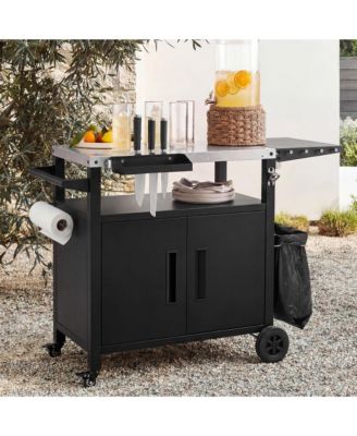 Outdoor Grill Cart with Drop Leaf, Metal Bar Cart with Wheels, Stainless Steel Top, Storage Cabinet, Spice and Paper Rack for BBQ
