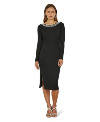 Women's Bedazzled Neck Fitted Midi Knitted Dress