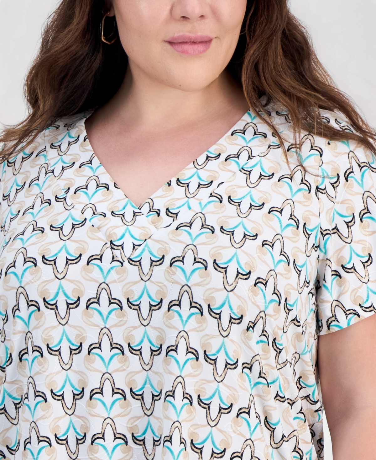 Jm Collection Plus Printed Short Sleeve V-Neck Jacquard Top