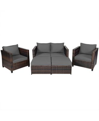 5PCS Patio Rattan Furniture Set Loveseat Sofa Ottoman Cushioned