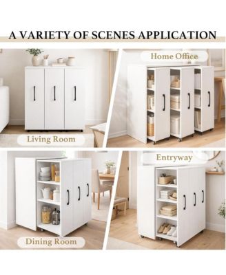 3-Tier Rolling Bookcase with Pull-Out Doors, Hidden Storage Cabinet with Wheels for Home Office, Living Room