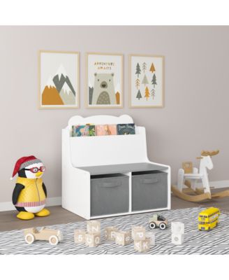 Kids Bookshelf - Wooden Bookcase with Book Display Shelf, 2 Fabric Bins and Bear-Shaped Backboard for Bedroom, Playroom