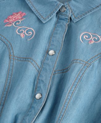 Girls' 7-16 Embroidered Short-Sleeve Denim Shirtdress
