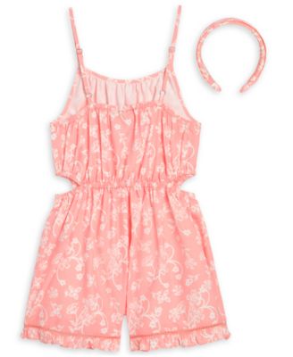 Girls' 7-14 Floral-Print Crochet-Trim Sleeveless Romper and Headband, 2-Piece Set