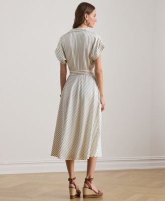 Petite Striped Belted Wrap Collared Midi Dress