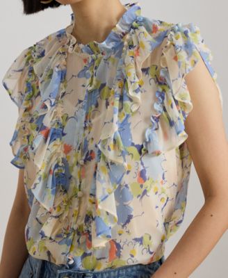 Petite Floral-Print Ruffle Band Collar Georgette Top