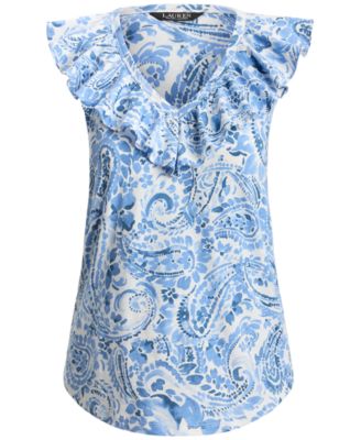 Petite Paisley-Print Ruffle-Trim Sleeveless Top