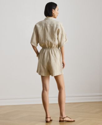 Petite Striped Linen Roll-Tab-Sleeve Romper