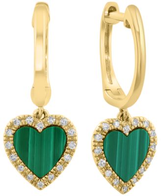 Malachite & Diamond (1/10 ct. t.w.) Heart Drop Earrings in 14k Yellow Gold