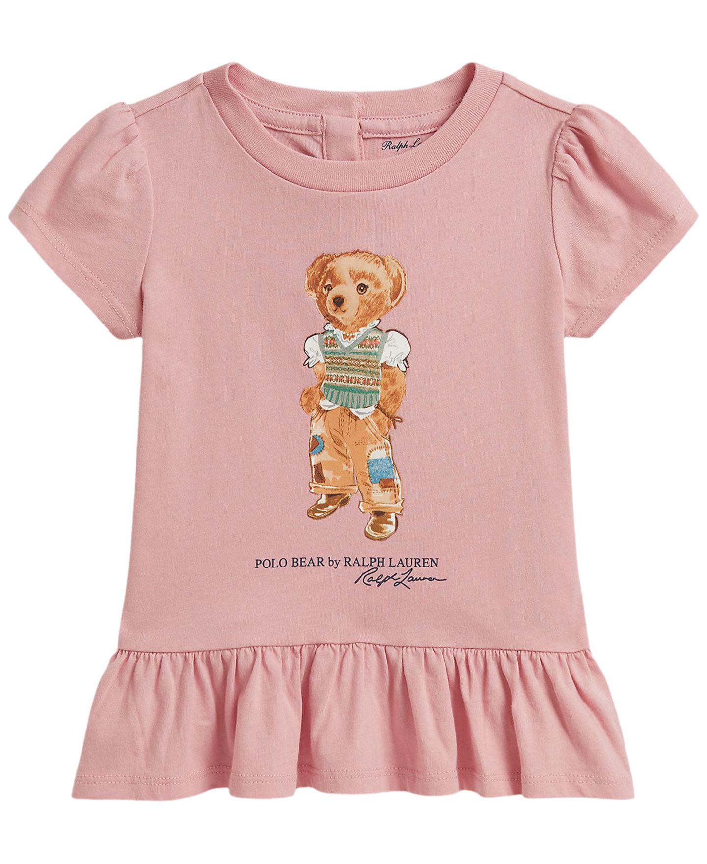 Polo Ralph Lauren Детский топ Ralph Lauren Polo Bear с баской из хлопкового джерси для девочек, малыши, цвет: Розовый — фото 1