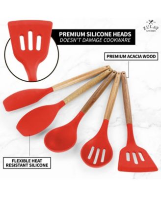 5 Piece Silicone Utensils Set with Authentic Acacia Wood Handles
