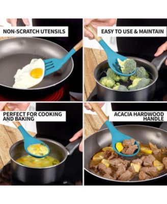 5 Piece Silicone Utensils Set with Authentic Acacia Wood Handles