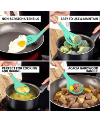 5 Piece Silicone Utensils Set with Authentic Acacia Wood Handles