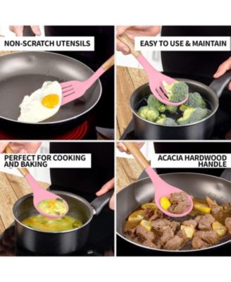 5 Piece Silicone Utensils Set with Authentic Acacia Wood Handles