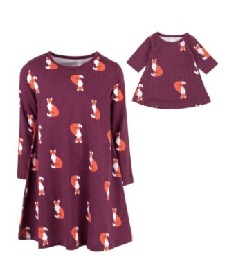 Toddler Girls Matching Doll Long Sleeve Cotton Crew Neck A-Line Dress