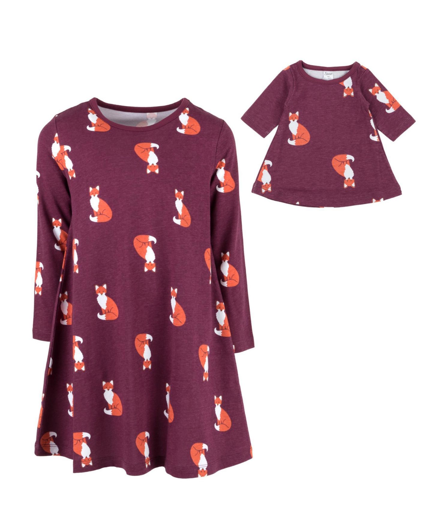 Платье Leveret Matching Doll Long Sleeve Cotton Crew Neck A-Line Dress для девочек-малышей, цвет: Тёмно-бордовый — фото 2