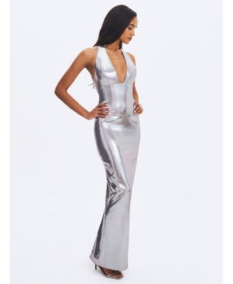Women's Valeska Silver Foil Plunging Sheath Maxi Dress