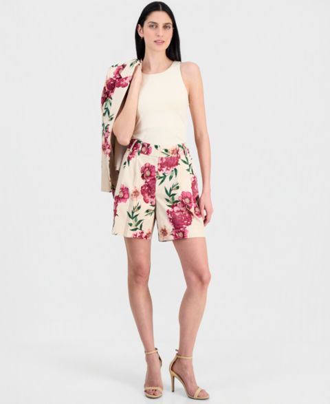 Женские шорты Tahari ASL Floral-Print Pleated, цвет: Песочный ягодный с принтом