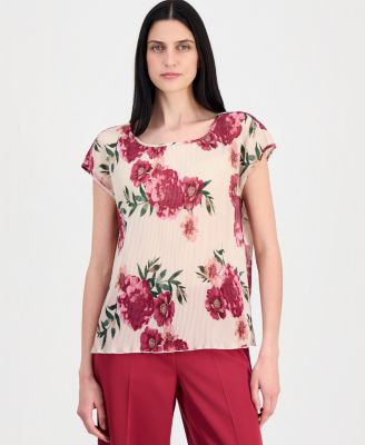 Women's Pleated Floral Boat-Neck Top