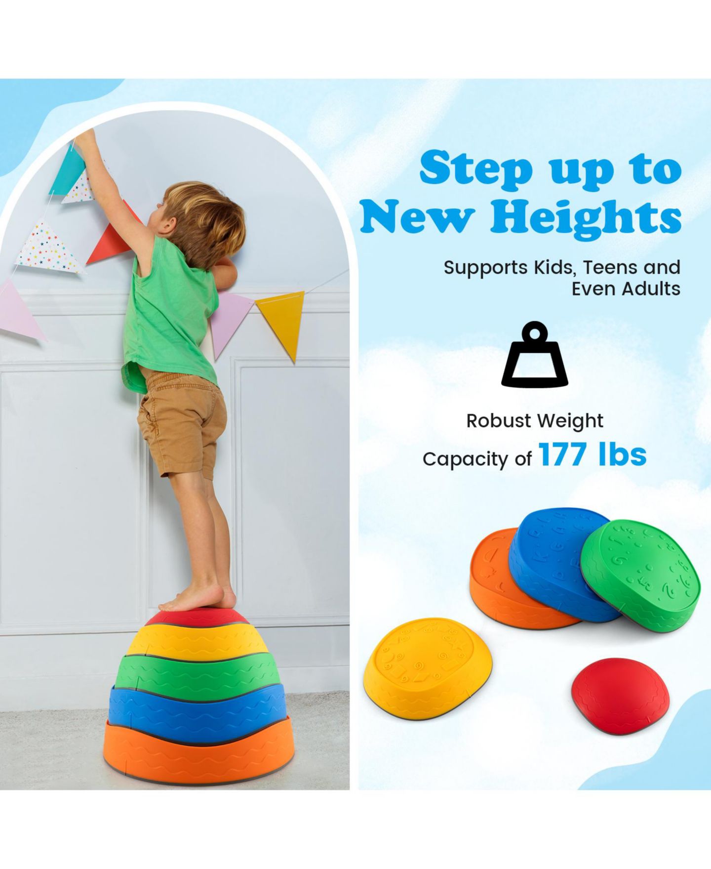 Детские игрушки Mecale 5-Piece Stackable Round Stepping Stone Set, 177 lb. Capacity, Ages 3+, цвет: Жёлтый — фото 7