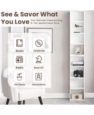 8-Tier Tall Narrow Bookshelf - A Wavy Border Design, Adjustable Shelves, Freestanding Display Bookcase for Living Room, Home Office