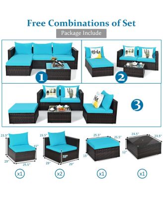 5PCS Cushioned Rattan Patio Conversation Set w/ Coffee Table Ottoman