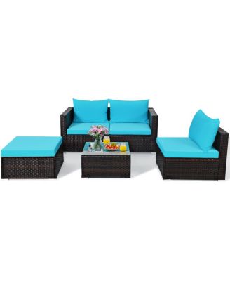 5PCS Cushioned Rattan Patio Conversation Set w/ Coffee Table Ottoman