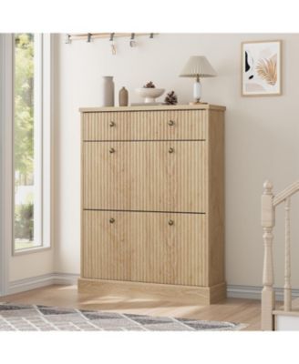 Fluted Shoe Cabinet with 2 Flip Drawers and 1 Top Drawer Narrow Wooden Cabinet with Adjustable Shelves Freestanding Shoe Organizer