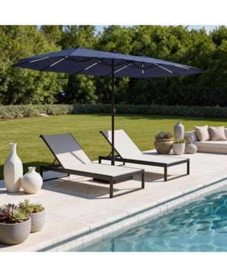 15 ft. Double Sided Umbrella Outdoor Patio Umbrella with 12 LED Solar Strips, Base and Sand Bag