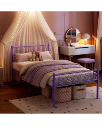 Twin Metal Platform Bed with Purple Heart Headboard and Footboard, Underbed Storage, Sturdy Frame