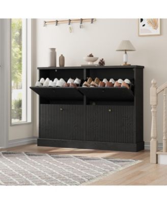 4 Drawer Wood Fluted Flip Door Narrow Shoe Cabinet with Adjustable Shelves