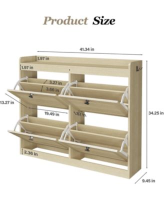 Large Shoe Storage Cabinet with 4 Flip Drawers, Freestanding Narrow Shoe Organizer with Hooks and Storage, Hidden Shoe Organizer