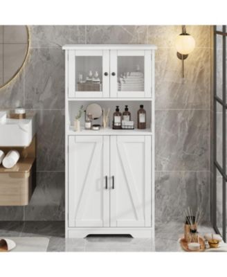 Bathroom Cabinet, 50.4" Storage Cabinet with Glass Doors and Adjustable Shelves, Freestanding Kitchen Pantry Cabinet