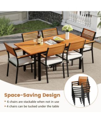 7-Piece Patio Furniture Set Outdoor Dining Chair Set for 6 w/ Acacia Wood and Metal Frame