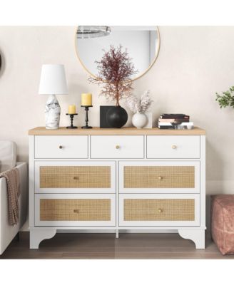 Wide Wood Chest of Drawers with Rattan Drawers, Drawer Organizer with Sturdy Base