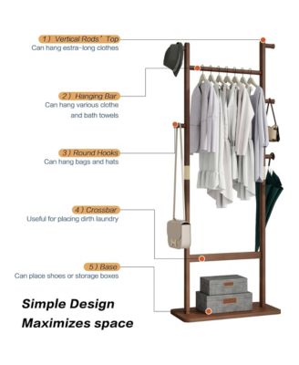 Tree Stand Coat Rack, Freestanding Wood Clothes Rack with 2 Hanging Bars, 5 Hooks and Shoe Storage for Entryway, Living Room