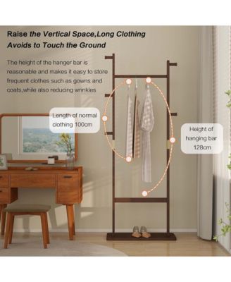 Tree Stand Coat Rack, Freestanding Wood Clothes Rack with 2 Hanging Bars, 5 Hooks and Shoe Storage for Entryway, Living Room