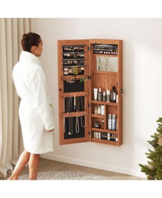 Mirror Jewelry Cabinet with LED Lights, Lockable Wall/Door Mounted Jewelry Armoire Organizer for Bedroom