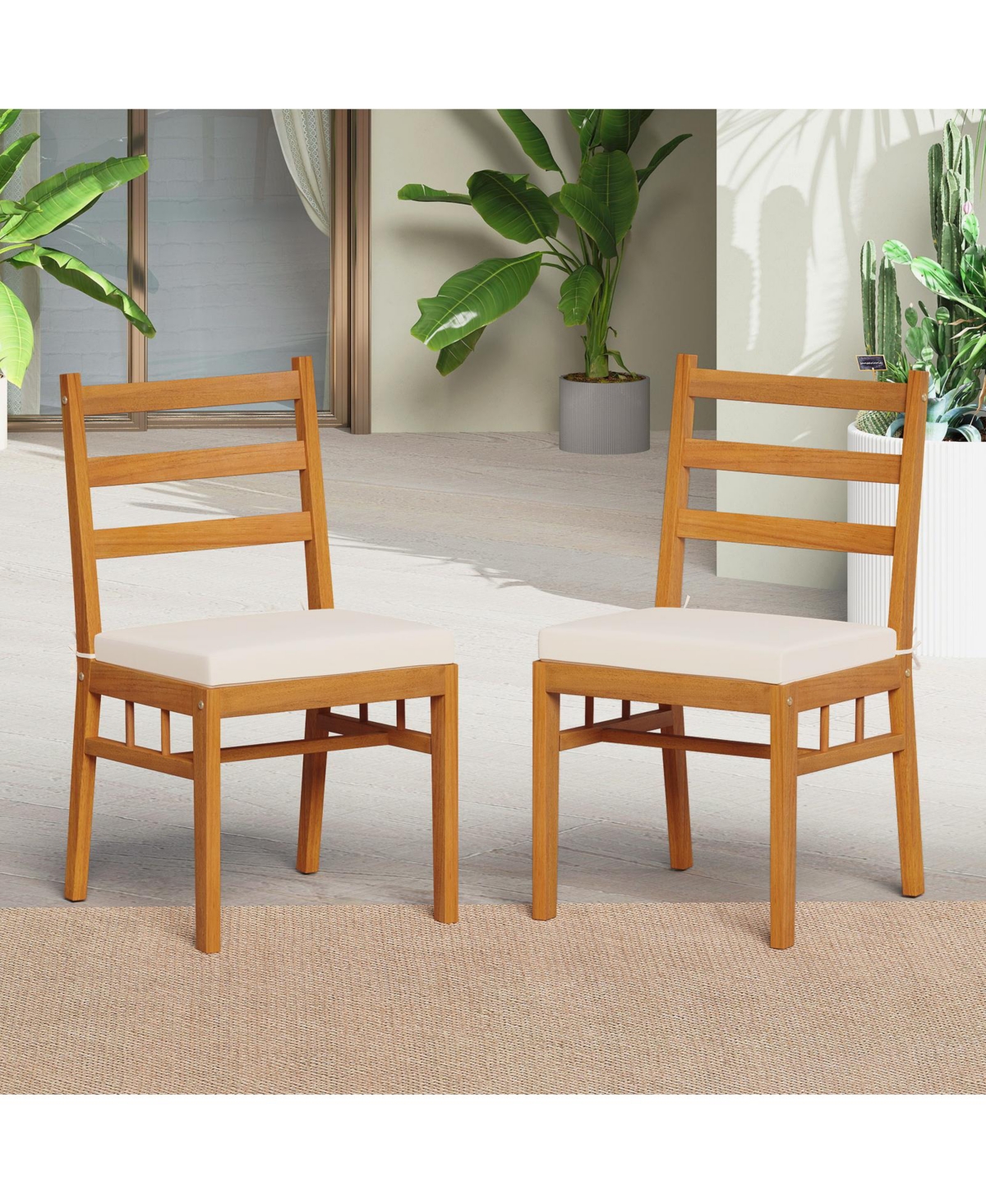 Gymax Solid Acacia Wood Patio Chair Set of 2 w/ Padded Seat Cushions