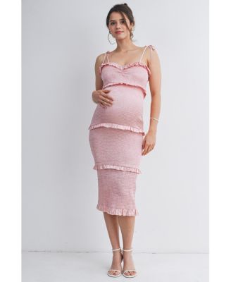 Women's Maternity Smocked Bodycon Midi Dress with Ruffle Trim and Tie Straps