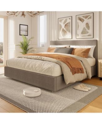 Platform Bed with 4 Storage Drawers, Upholstered Corduroy Channel Tufted Headboard Bed Frame with Strong Wooden Slat Support