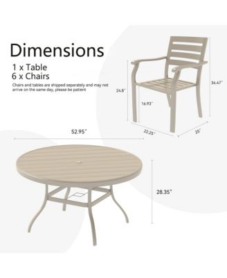 7-Piece Outdoor Dining Set, 6 Stackable Metal Chairs with 1 Round Slatted Table, Sandstone Color, All-Weather Patio Set