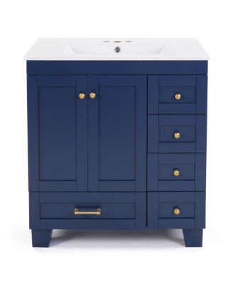 30" Blue Bathroom Vanity with Ceramic Sink, Solid Wood Frame, Pull-Out Drawers, Adjustable Storage, Soft Close Slides