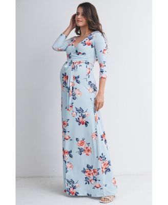 Maternity Floral Nursing Wrap 3/4 Sleeve V-Neck Maxi Dress