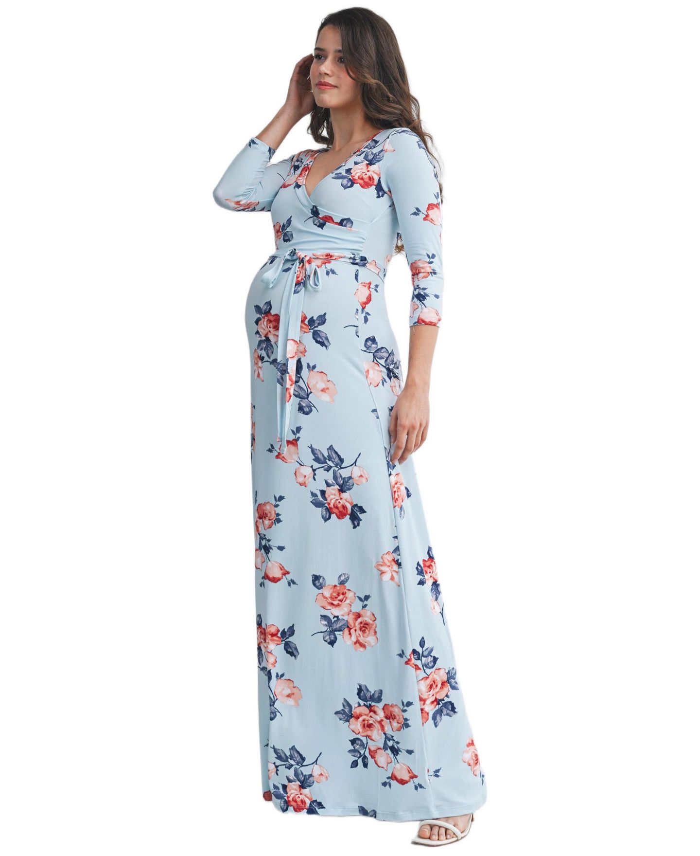 Женское платье Hello Miz Floral Nursing Wrap 3/4 Sleeve V-Neck Maxi, цвет: Небесно-голубой — фото 2