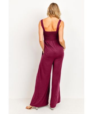 Maternity Sleeveless Smocked Bodice Wide-Leg Jumpsuit with Pockets